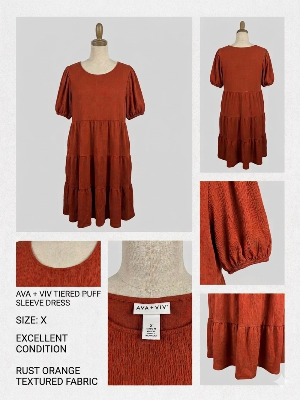 Ava & Viv Rust Orange Tiered Puff-Sleeve Dress